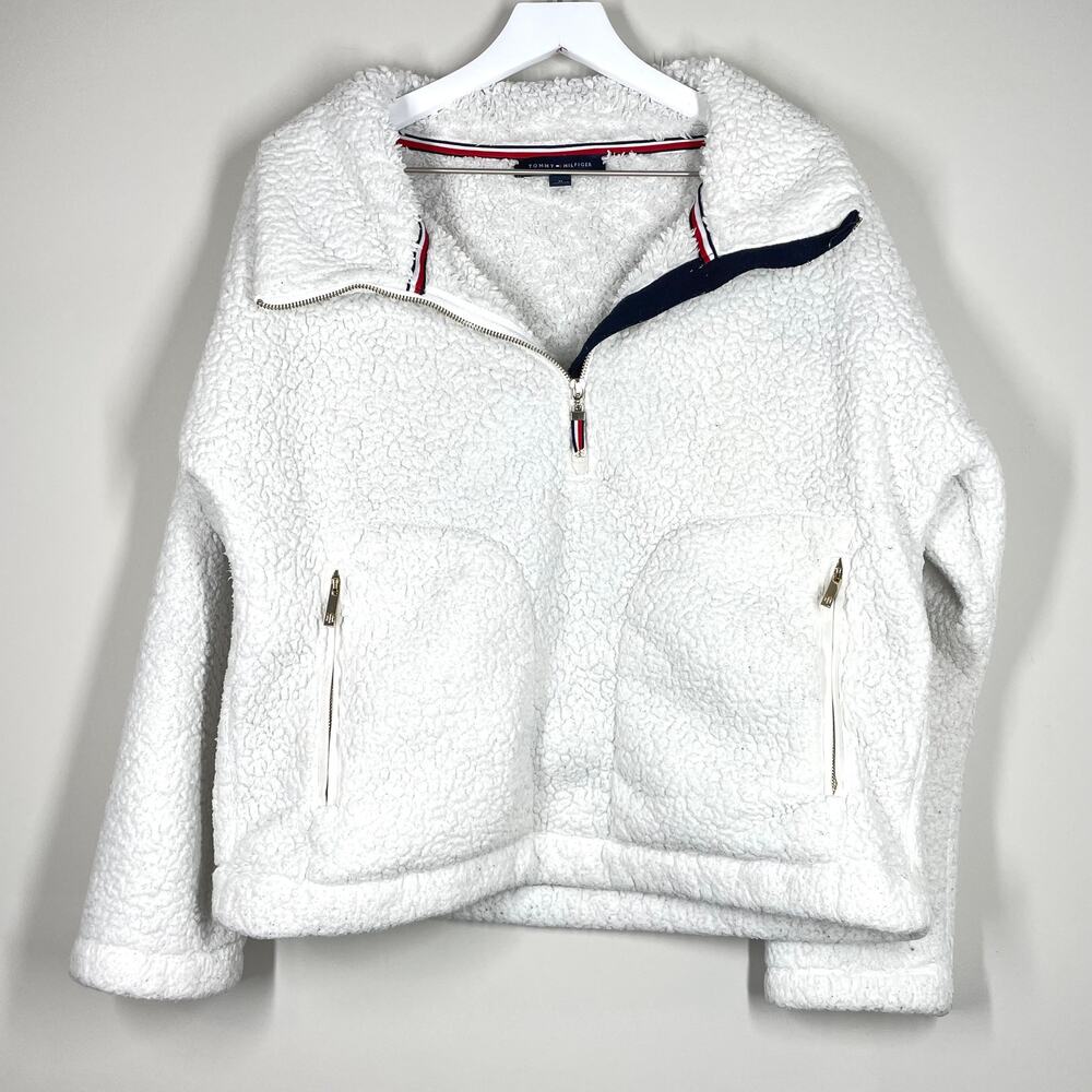 TOMMY HILFIGER White Fleece Teddy Pullover Sweatshirt M